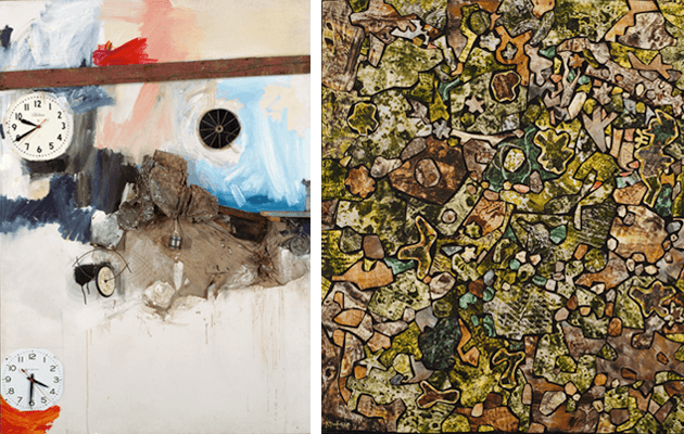 [left] Robert Rauschenberg, Reservoir, 1961. Smithsonian American Art Museum, Washington, D.C., Image: Smithsonian American Art Museum, Washington, DC / Art Resource, NY, Artwork: © 2021 Robert Rauschenberg Foundation [right] Jean Dubuffet, Soil Ornamented with Vegetation, Dead Leaves, Pebbles, Diverse Debris, 1956. Museum of Modern Art, New York, Image: © The Museum of Modern Art/Licensed by SCALA / Art Resource, NY, Artwork: © 2021 Artists Rights Society (ARS), New York / ADAGP, Paris